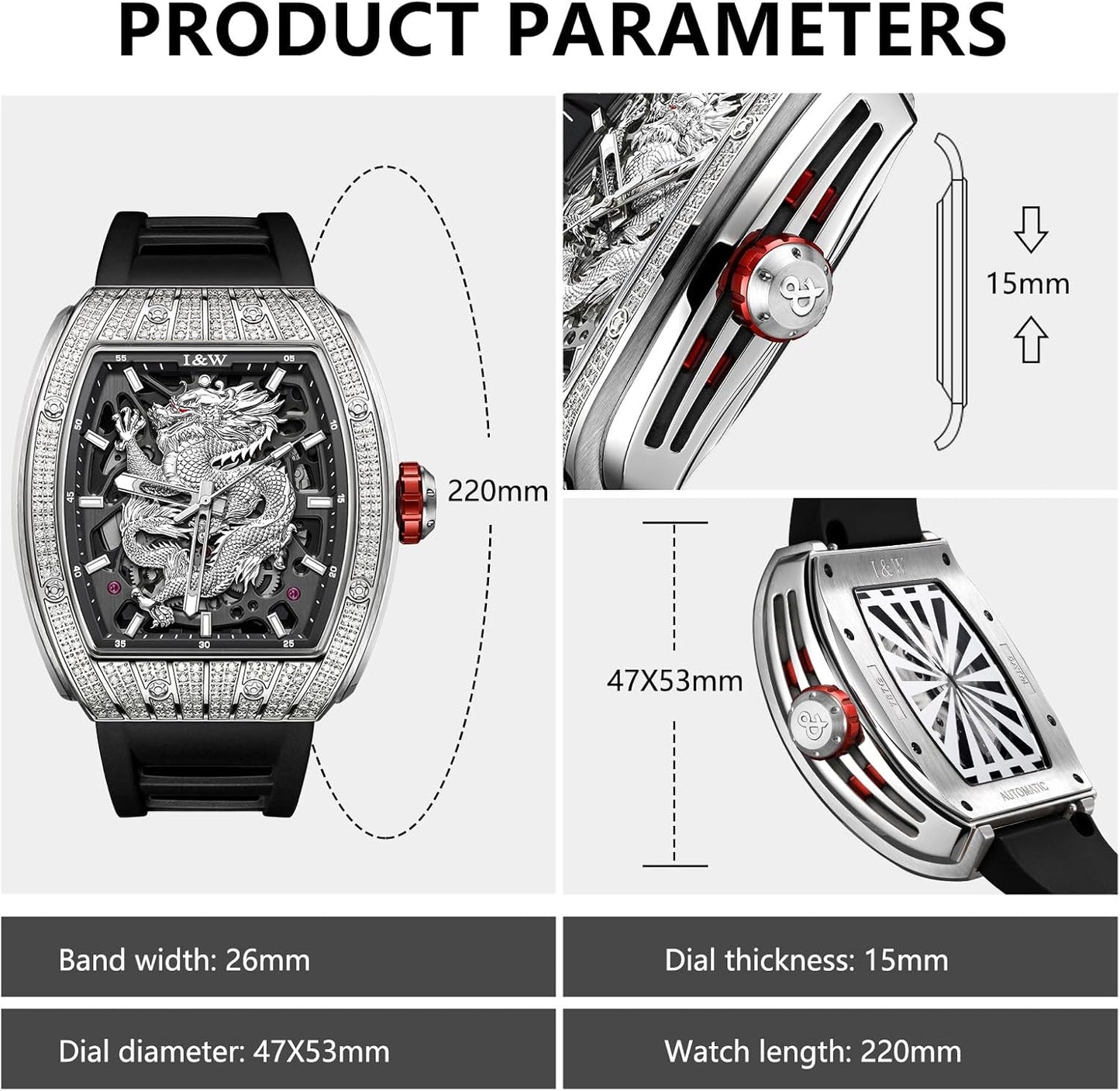 Barrel Mechanical Dragon Dial Watch 787-Black