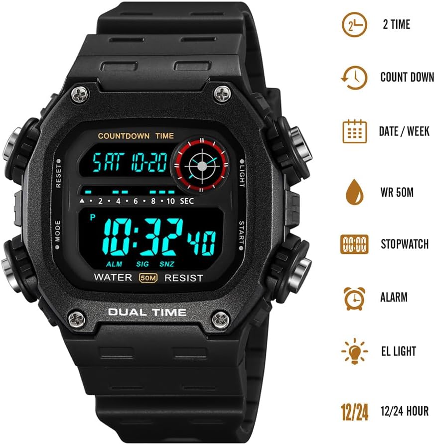 Men's All-Black Digital Sports Watch
