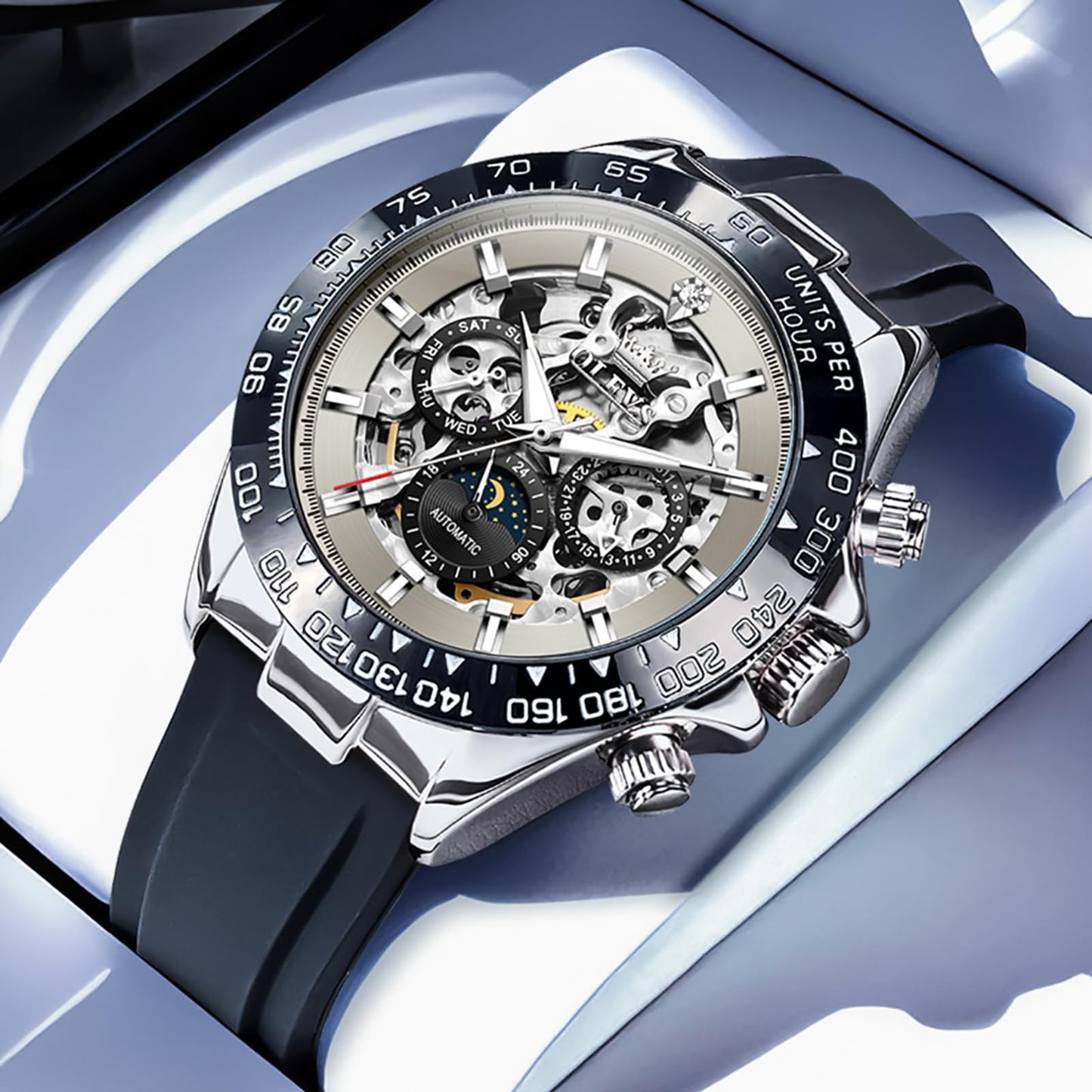 OLEVS Men's Silver Skeleton Watch