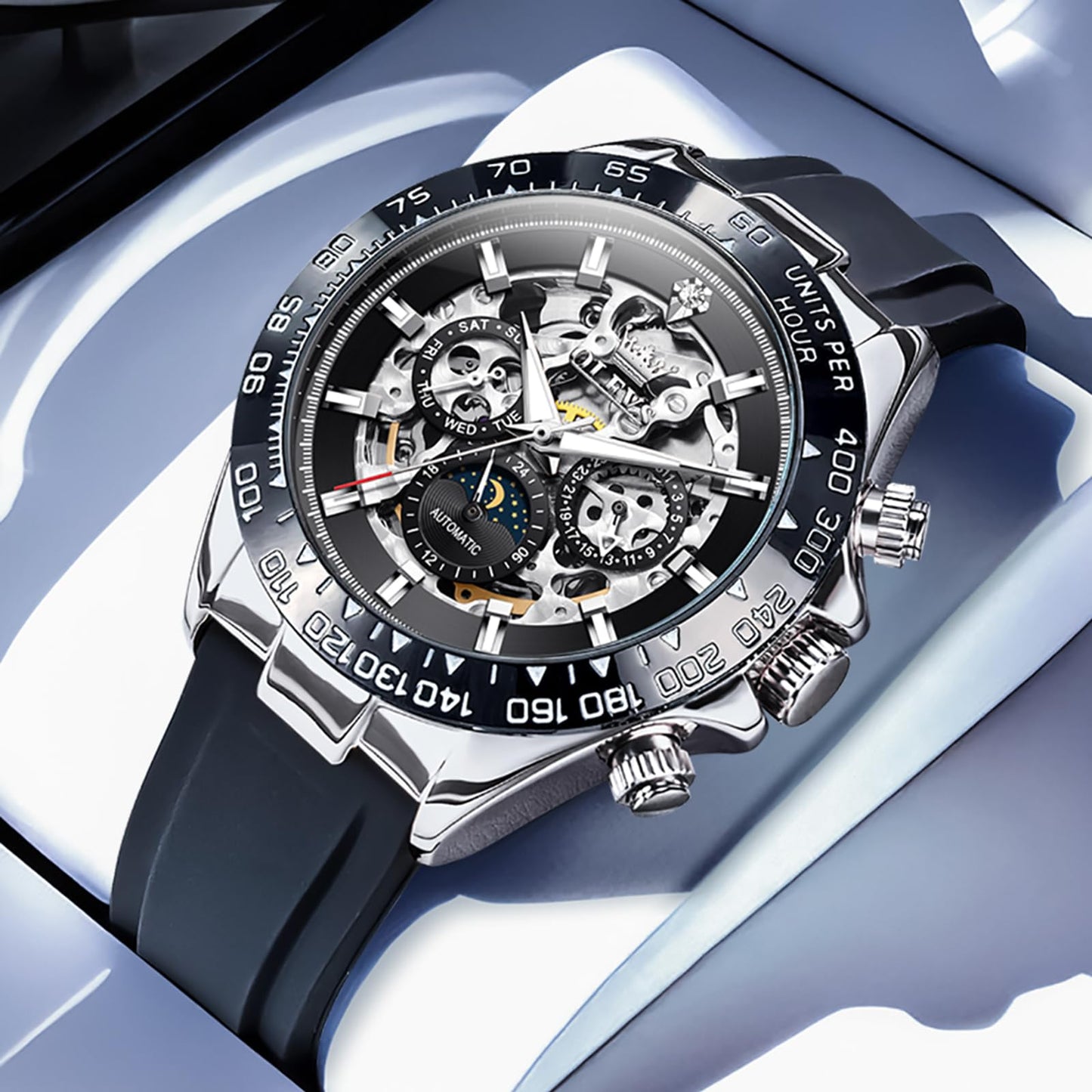 OLEVS Men's Silver Skeleton Watch