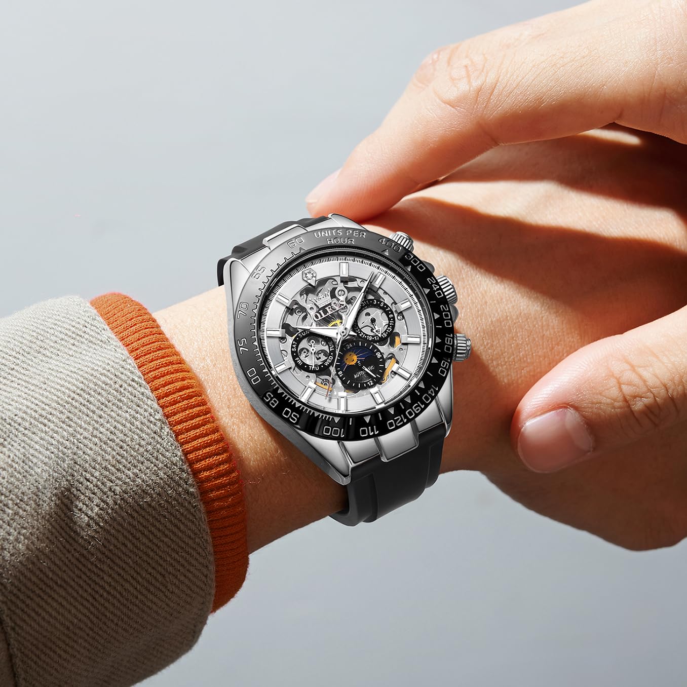 OLEVS Men's Silver Skeleton Watch