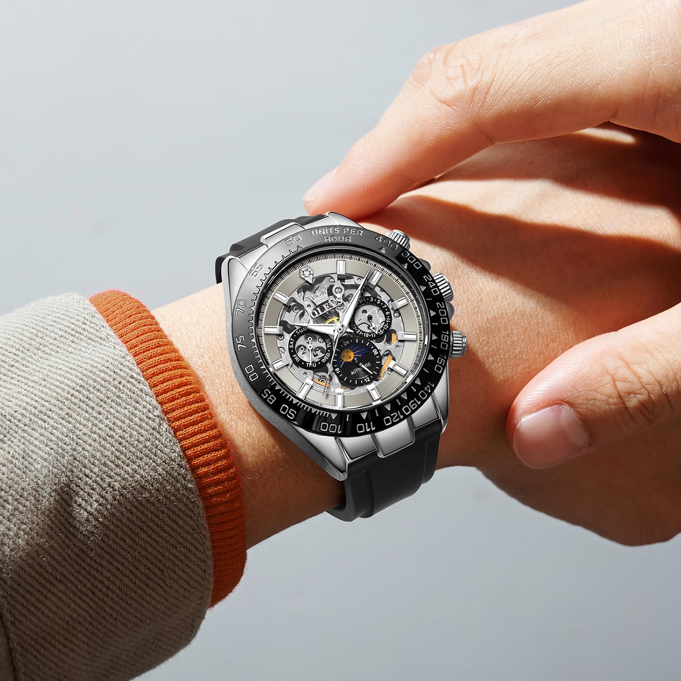 OLEVS Men's Silver Skeleton Watch