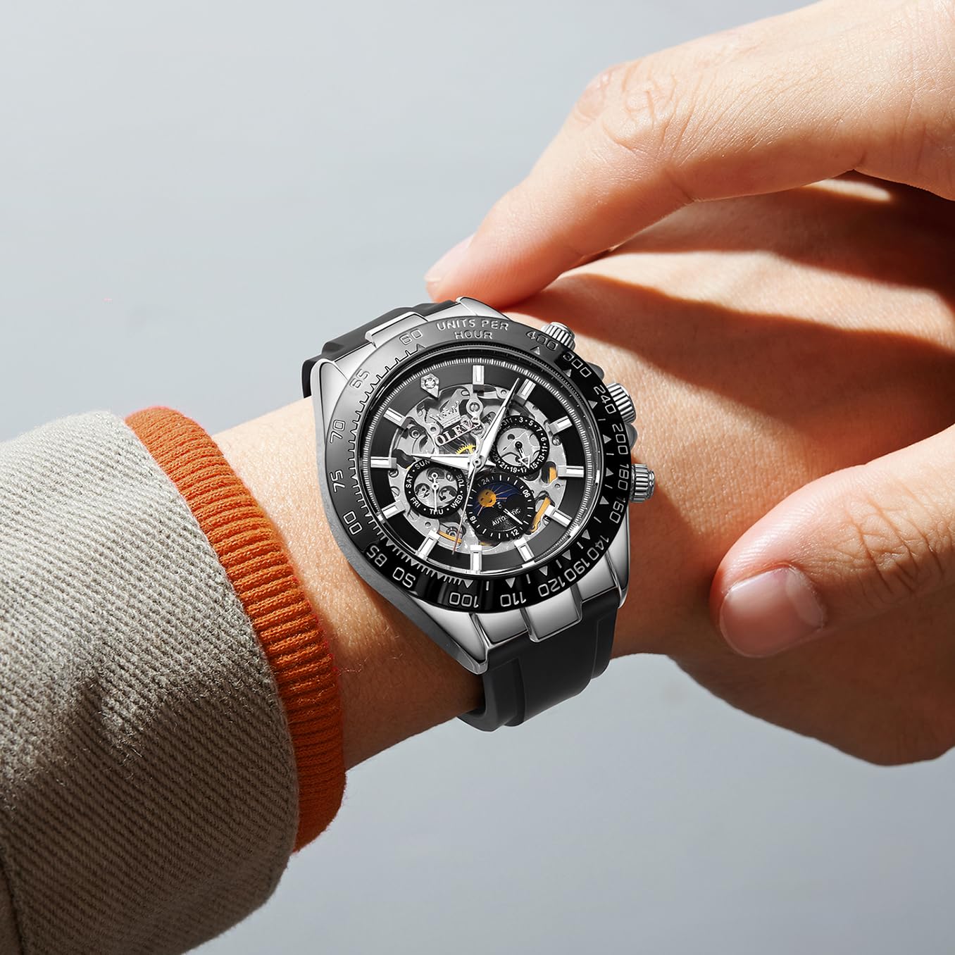 OLEVS Men's Silver Skeleton Watch