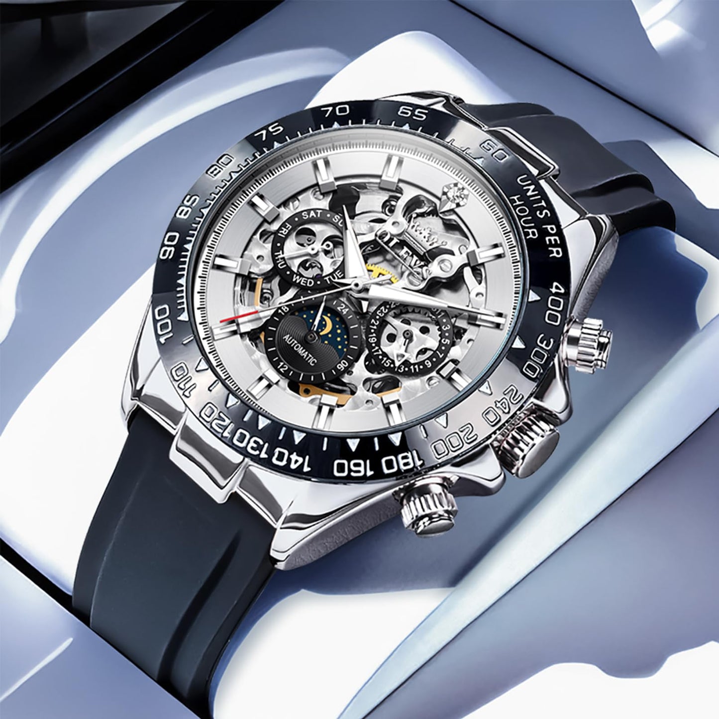 OLEVS Men's Silver Skeleton Watch