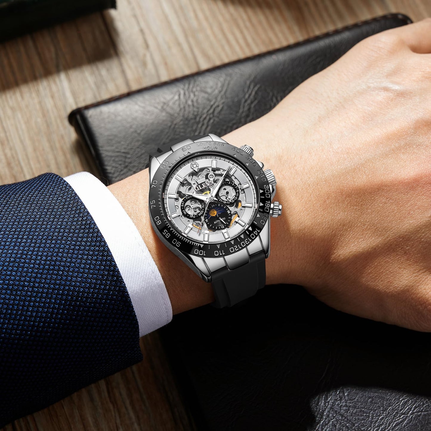 OLEVS Men's Silver Skeleton Watch